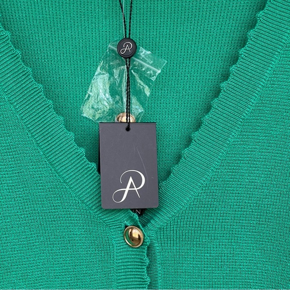 Adrianna Papell Cardigan Sweater Scallop Trims Gold Buttons Faux Front Pockets - Picture 2 of 13